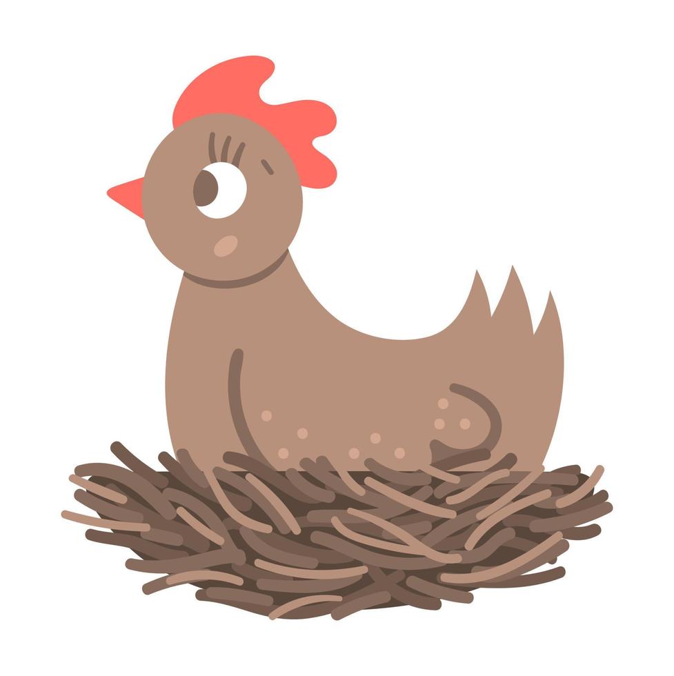 Gallina graciosa vectorial en icono de nido aislado en fondo blanco. ilustración animal divertida de primavera, pascua o granja. linda ave doméstica incubando o poniendo huevos vector