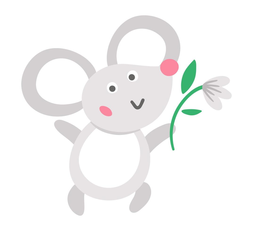 Vector mouse icon. Cute smiling animal with snowdrop isolated on white background. Adorable Easter illustration for kids. Funny spring character with flower.