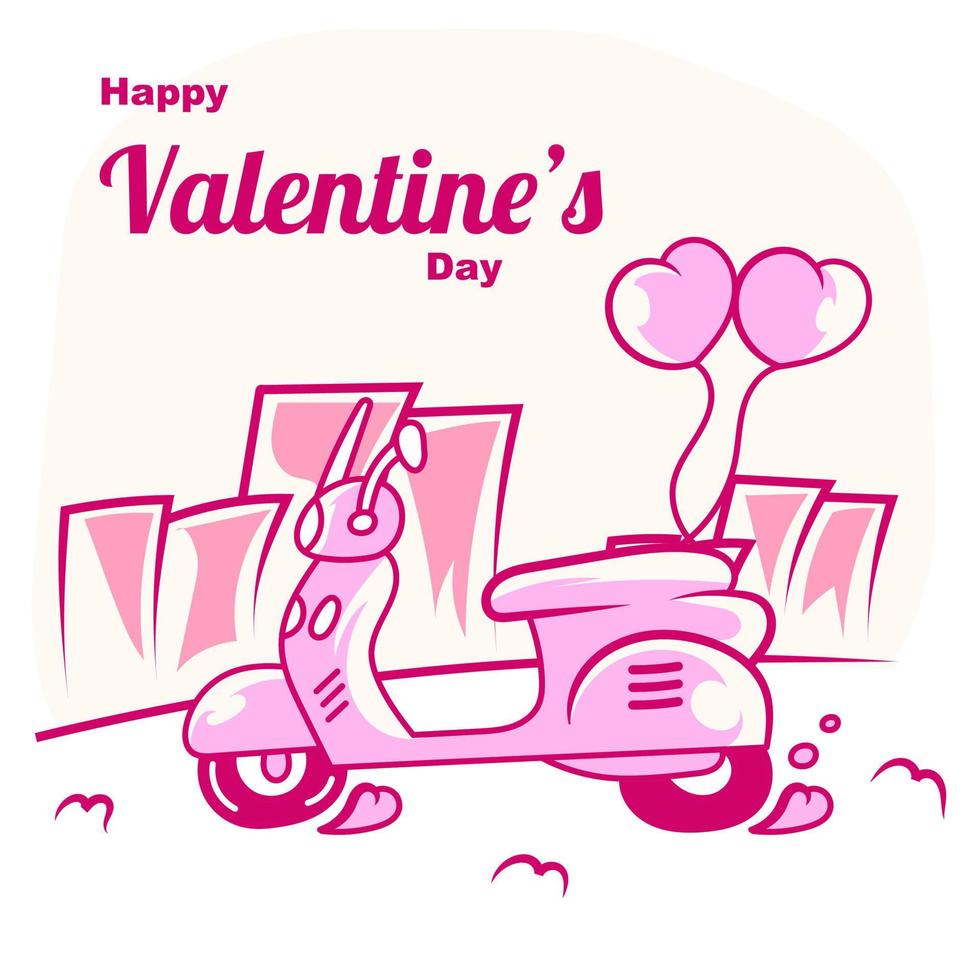 happy valentine's day with scooter cartoon and heart balloon vector