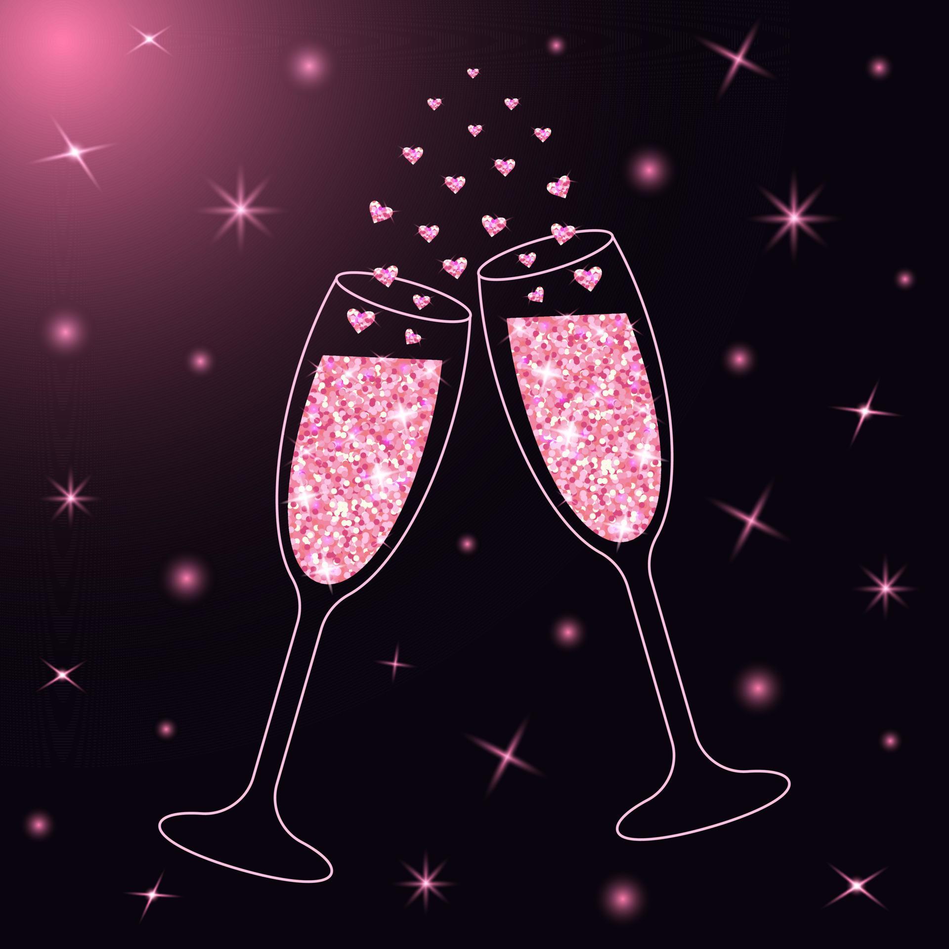 Two sparkling glasses of champagne with pink glitter and heart bubbles