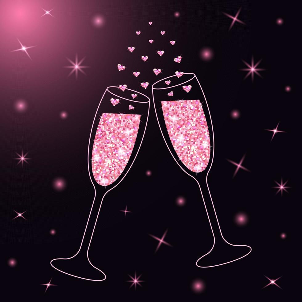 Two sparkling glasses of champagne with pink glitter and heart bubbles. Colorful dark background with stars light. vector