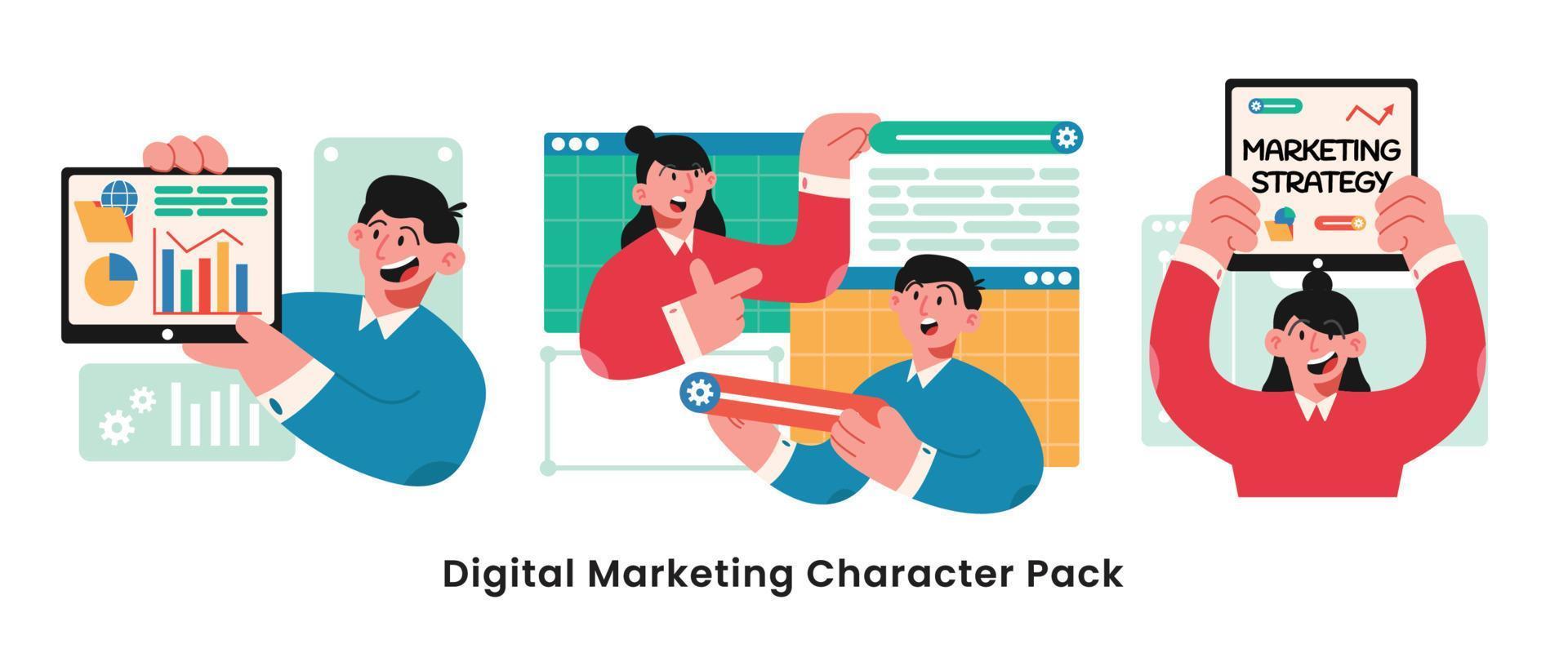 Digital Marketing character illustration. Pack collection of men and women take part in digital marketing vector