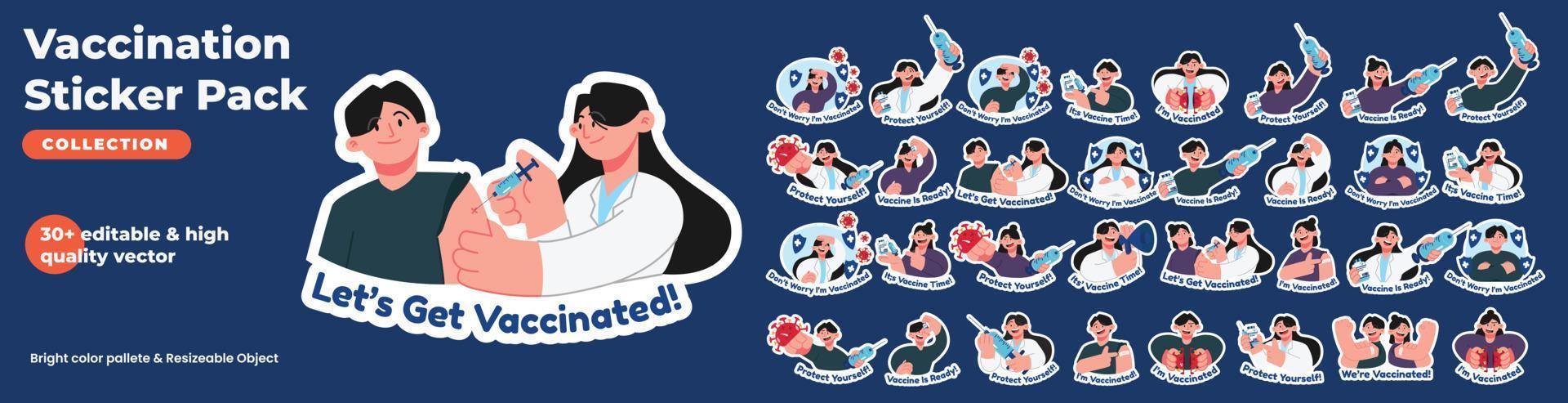 Coronavirus vaccination, doctor injecting a patient, getting first shot of covid vaccine in arm muscle. Process of immunization against covid-19. Vector illustration, sticker pack, flat design