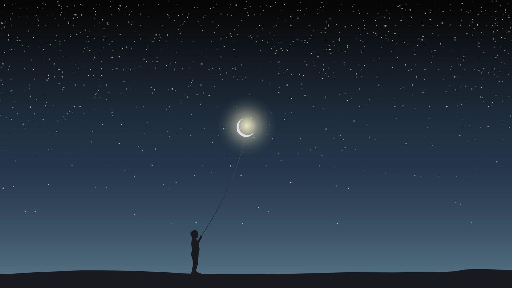 Starry sky, field, boy holding a balloon in the form of the moon. vector