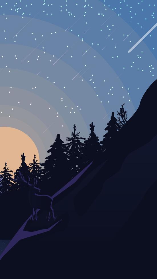 paisaje con cielo estrellado, bosque de pinos en las montañas. ilustración vectorial vector