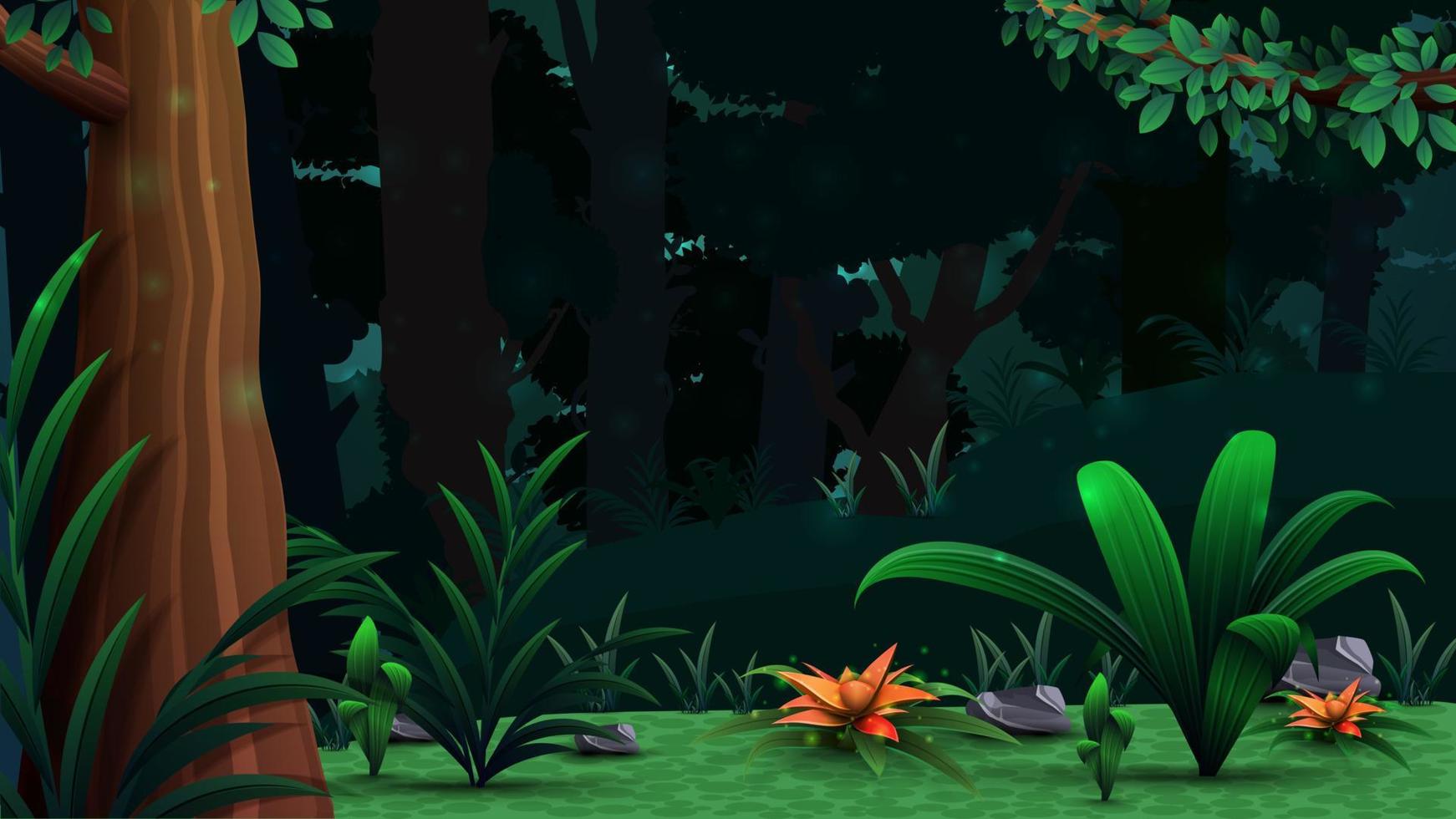 A magical forest with beautiful flowers, dense dark forest and dense vegetation. Vector landscape, wild forest on a clear Sunny day.