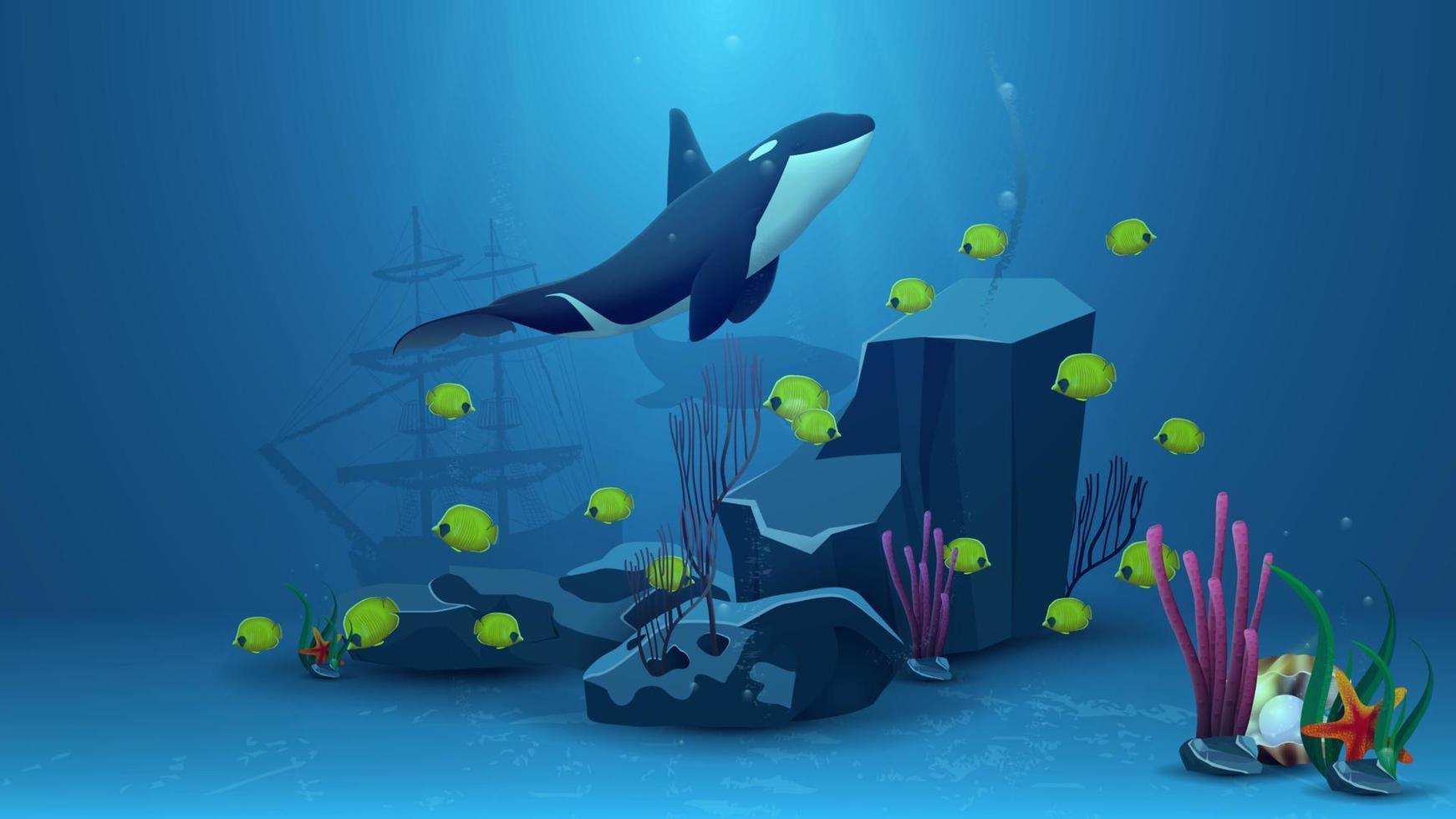Underwater world, vector illustration with yellow fish, rock, starfish, pearl and killer whale