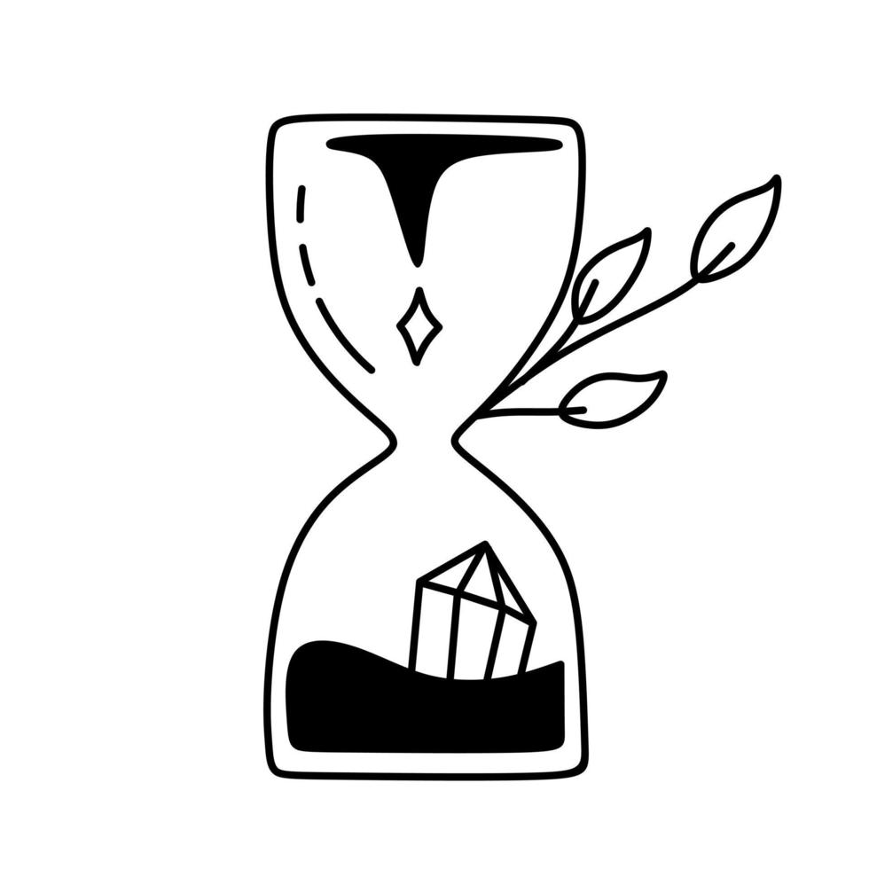 reloj de arena de cristal con poción mágica. símbolos mágicos garabatos esotéricos boho místicos elementos dibujados a mano cristales de piedra. elementos vectoriales mágicos vector