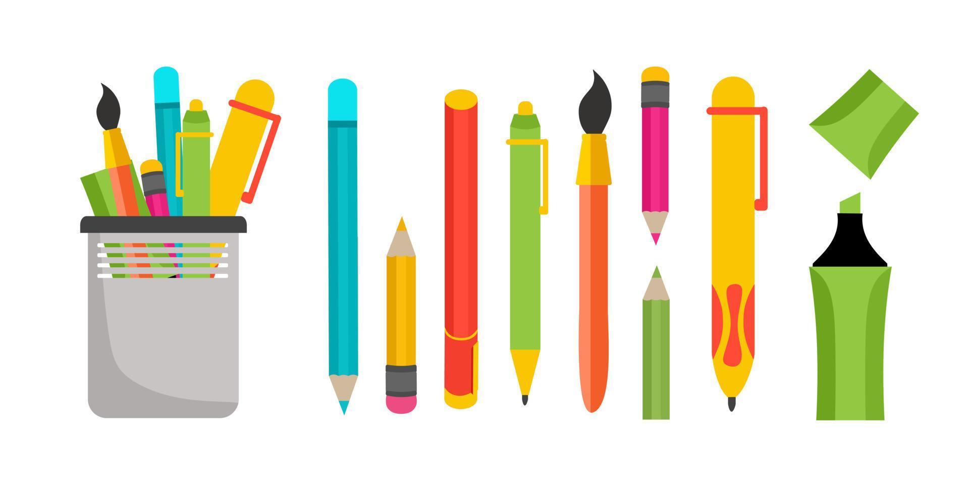 A set of school supplies, stationery, pens, pencils, markers.  illustration in a flat style. vector