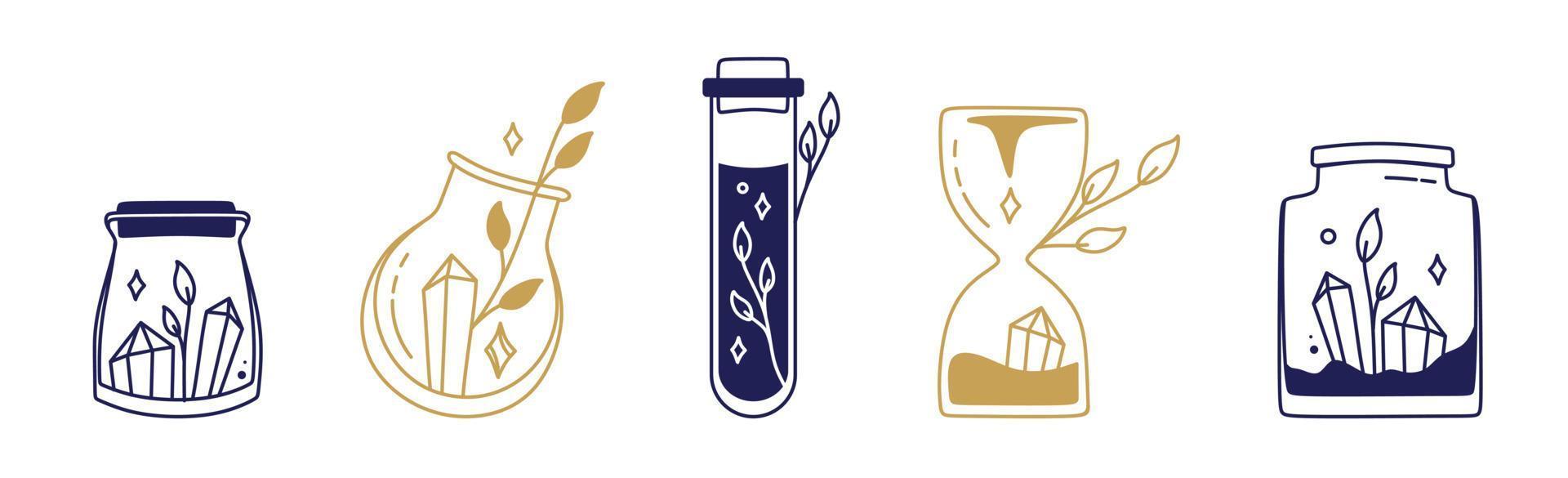 Magic symbols a set of glass jars with crystals esoteric boho mystical hand-drawn elements stone crystals. In gold and blue on a white background. Magical vector elements