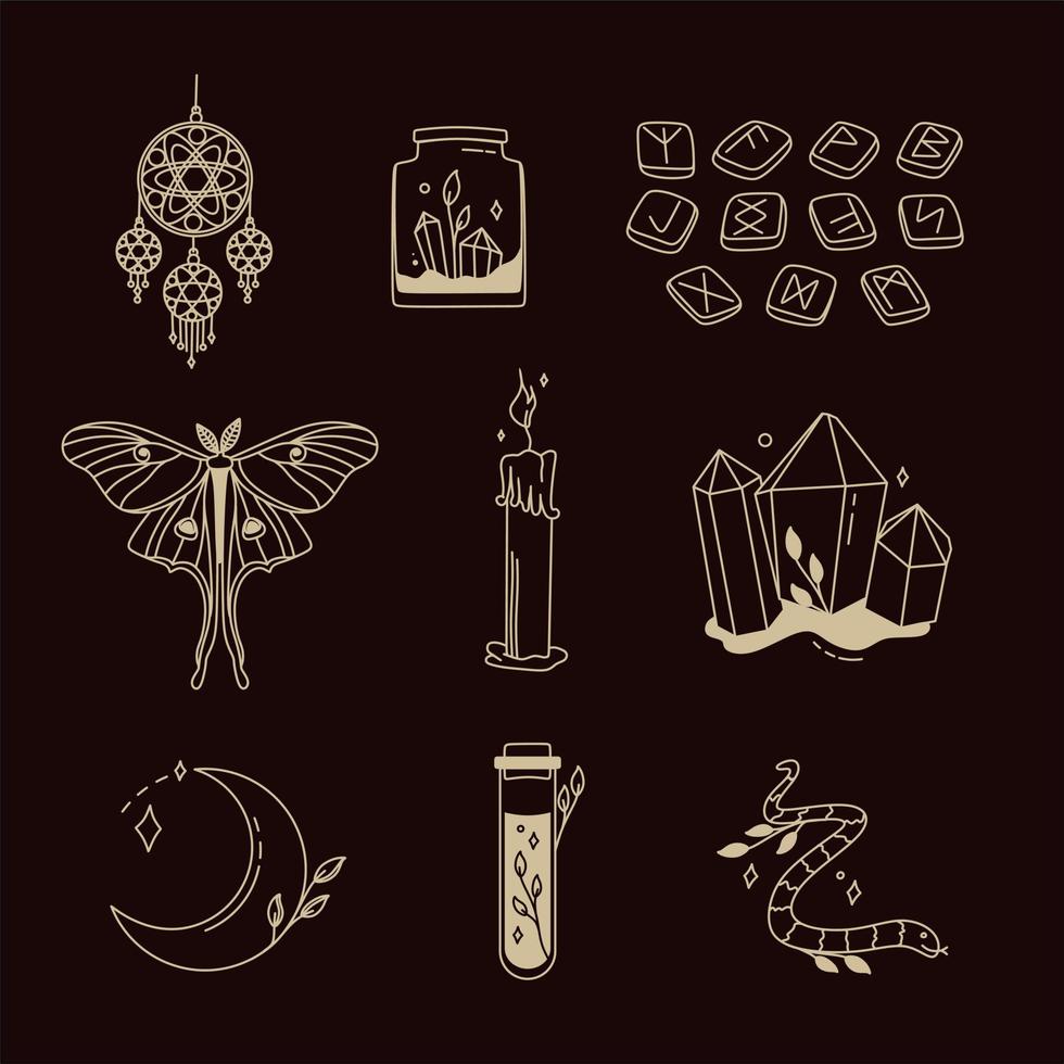 Magical symbols set of doodles esoteric boho mystical hand-drawn elements stone crystals. In gold color on a black background. Magical vector elements