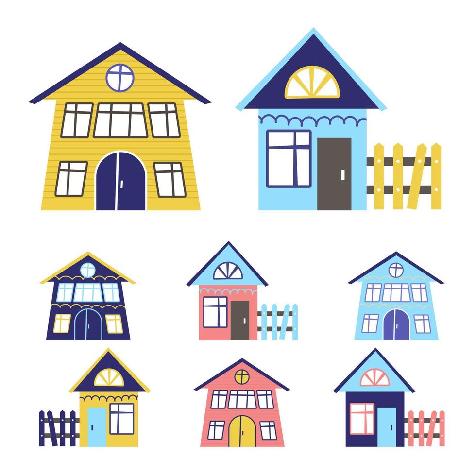 un conjunto de casas aisladas en una ilustración de vector de fondo blanco. en un estilo plano para imprimir en textiles y souvenirs.