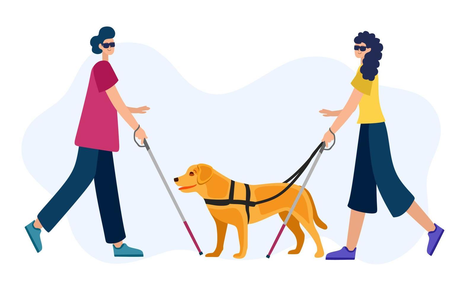 Vector illustration of people with disabilities in a cartoon style. A blind woman and a blind man with a walking stick and a guide dog.