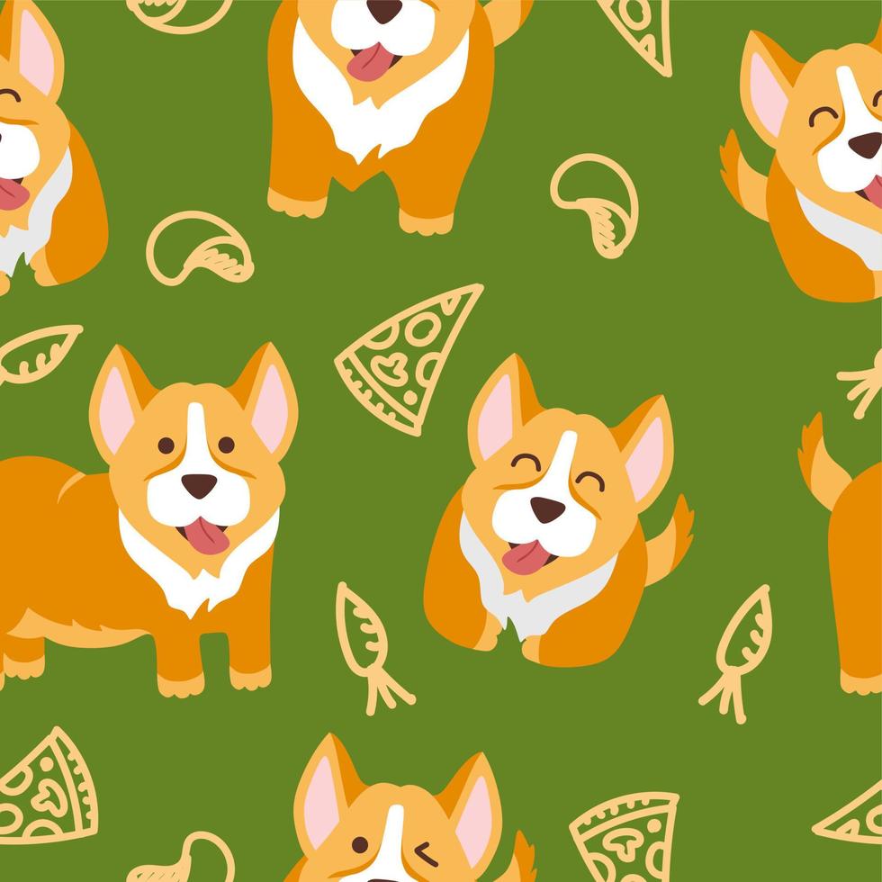 divertido patrón corgi sobre un fondo verde, ilustración vectorial en un estilo plano. para su uso en la impresión de souvenirs, postales y textiles. vector