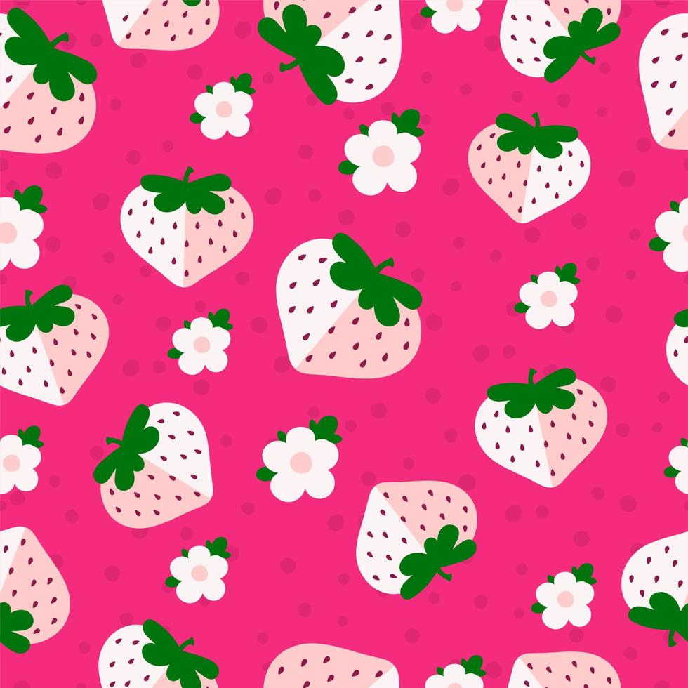 Strawberry pattern on a pink background in a cartoon style with flowers and peas. For packaging, children's textiles and office supplies. Vector illustration