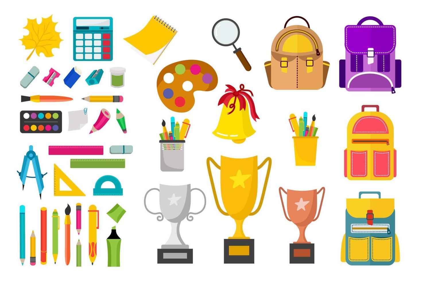 conjunto de artículos de papelería o útiles escolares. lápices, bolígrafos, mochilas, reglas, tazas, calculadora, brújulas. ilustración vectorial vector