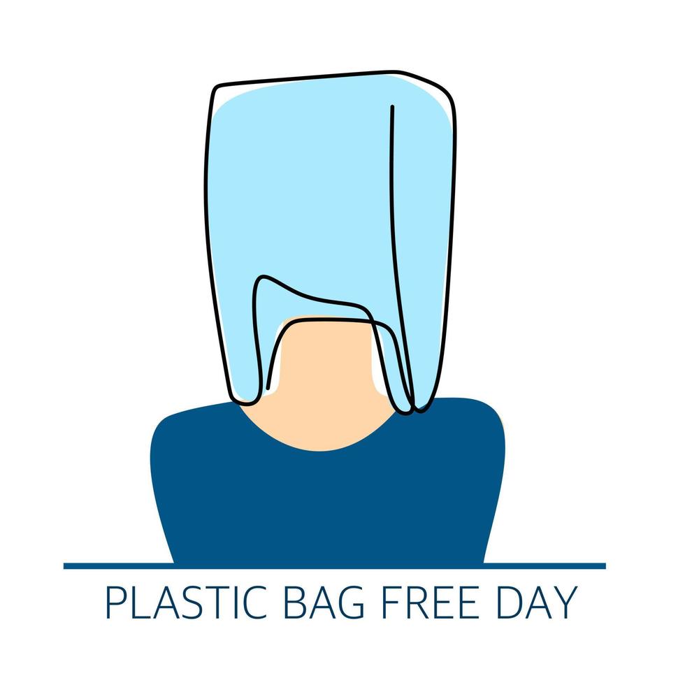 Plastic bag put on a persons head, environmental pollution and oxygen blockage. Plastic Bag Free Day. Illustration for posters, websites, and mobile apps. vector