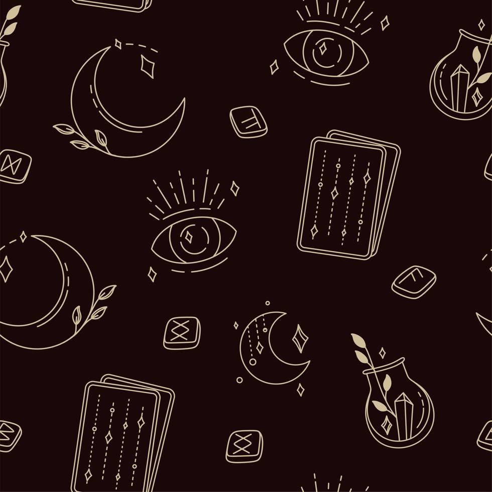 Pattern with magical symbols of boho esotericism mystical hand-drawn elements stone crystals. In gold color on a black background. Magical vector elements