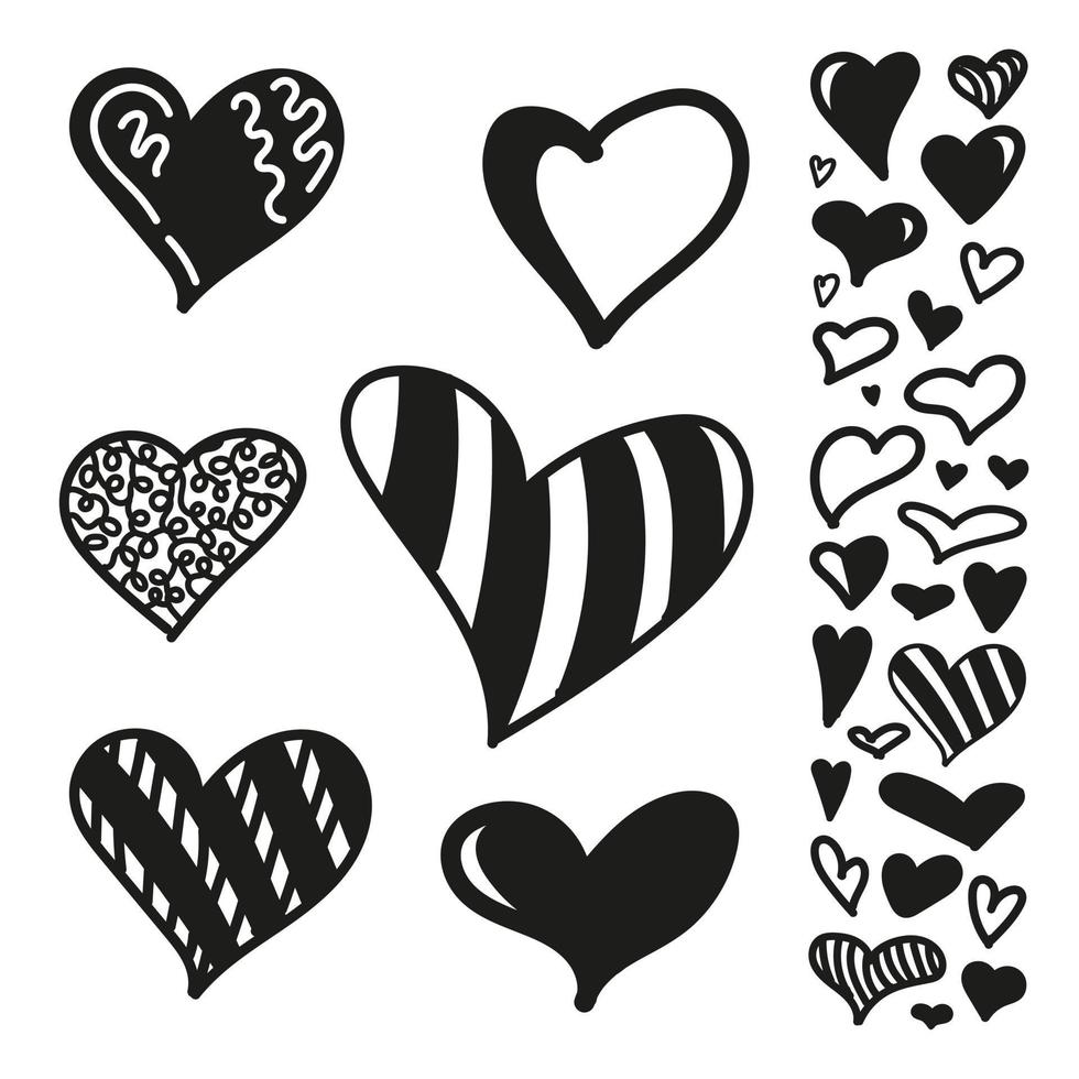 A set of hearts in black and white style isolated on a white background. Comics Doodles Abstract Graffiti Display Vector Illustration