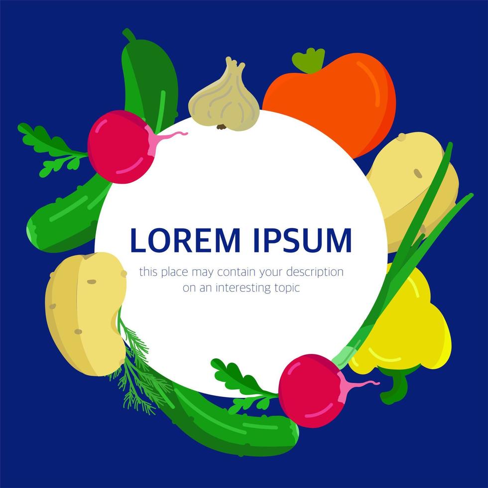 a frame with colorful vegetables on a blue background with an empty space for your text vector