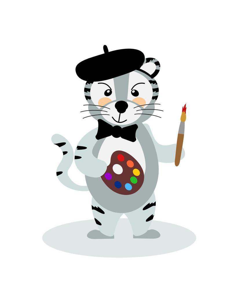 A cheerful striped Bengal tiger is an artist in a bow tie, a beret with a brush and paints, a symbol of the year 2022. Vector illustration, isolated on a white background, drawn by hand.
