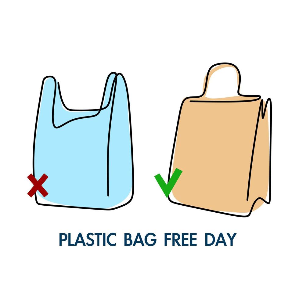 bolsa de plástico y papel, una opción alternativa a favor de la ecología. Día libre de bolsas de plástico. ilustración para vacaciones, carteles, sitios web y aplicaciones móviles. vector