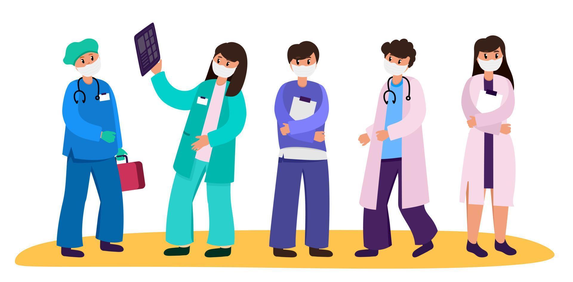 Doctors medicine prevention of diseases and viruses Masked doctor, medical student, resident, intern Illustration for landing page, banner, website, infographics, interface in the style of flat design vector