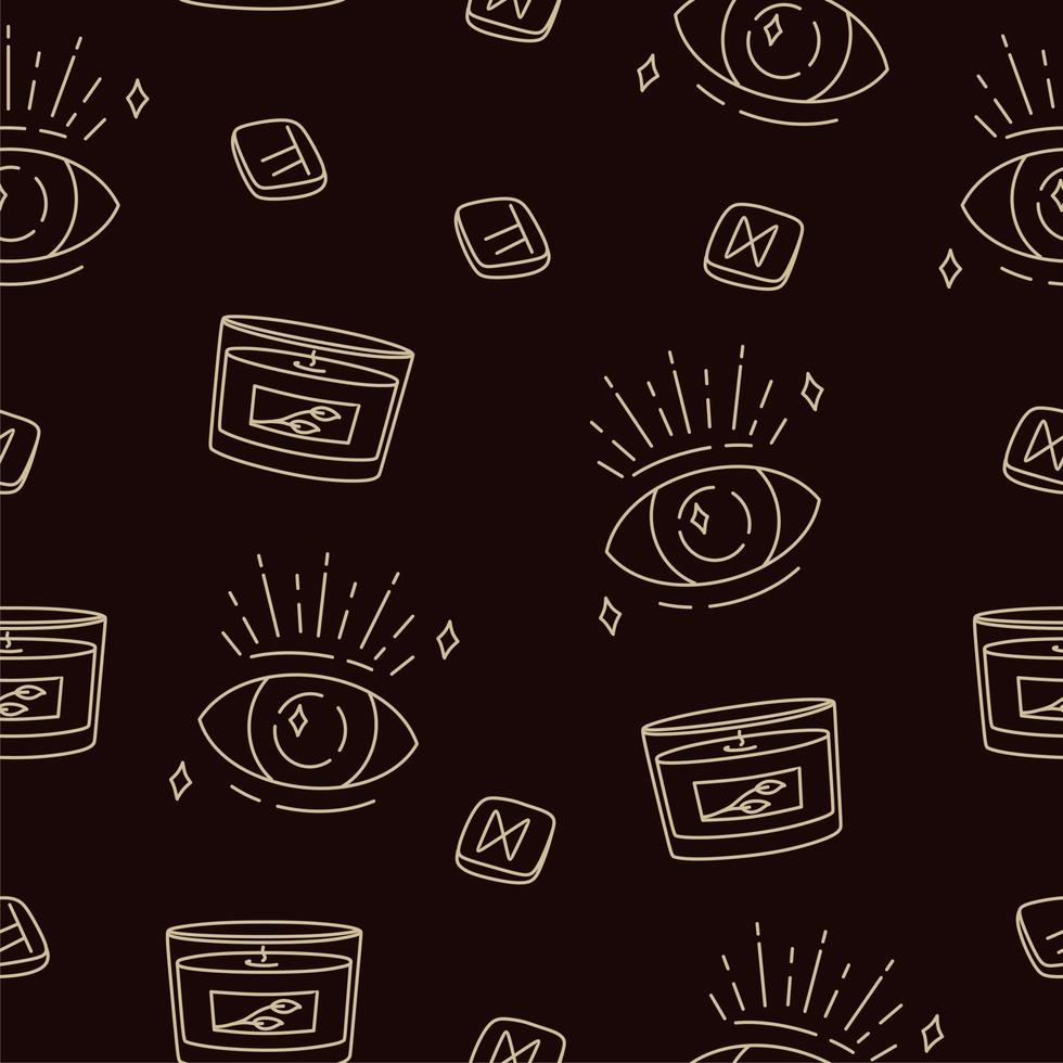 Pattern with magical symbols of boho esotericism mystical hand-drawn elements stone crystals. In gold color on a black background. Magical vector elements
