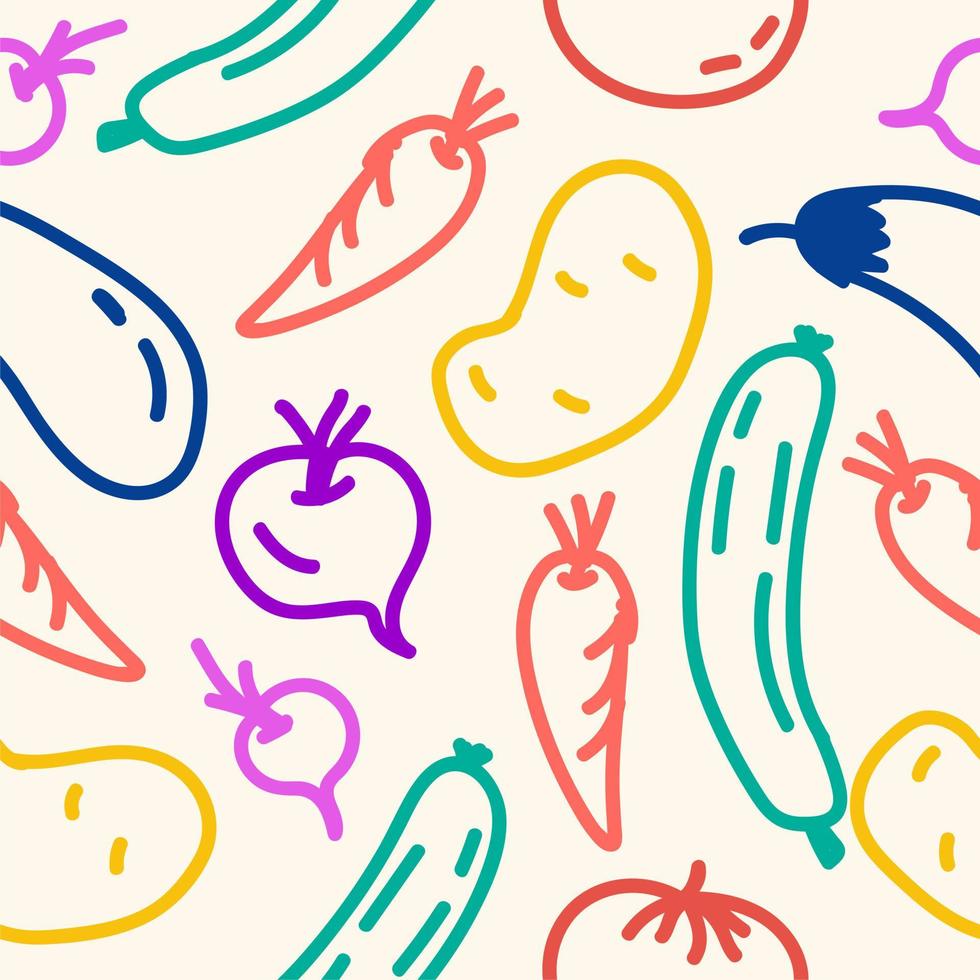 Vector illustration of a seamless pattern of vegetables of different colors in the doodle style on a beige background