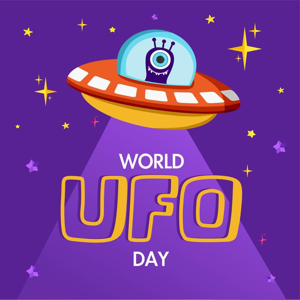 World Ufo Day. Vector illustration of a ufo plane, a flying saucer, with an alien on board. You can apply it to a poster template or banner.