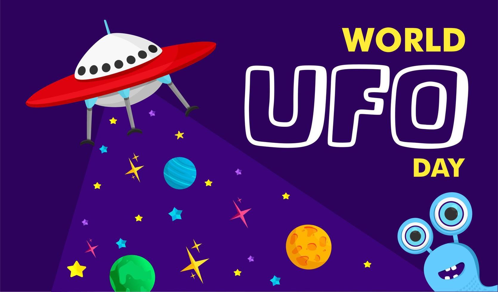 Vector illustration of a ufo plane, a flying saucer, with stars and humanoids. You can apply it to a poster template or banner. World Ufo Day.
