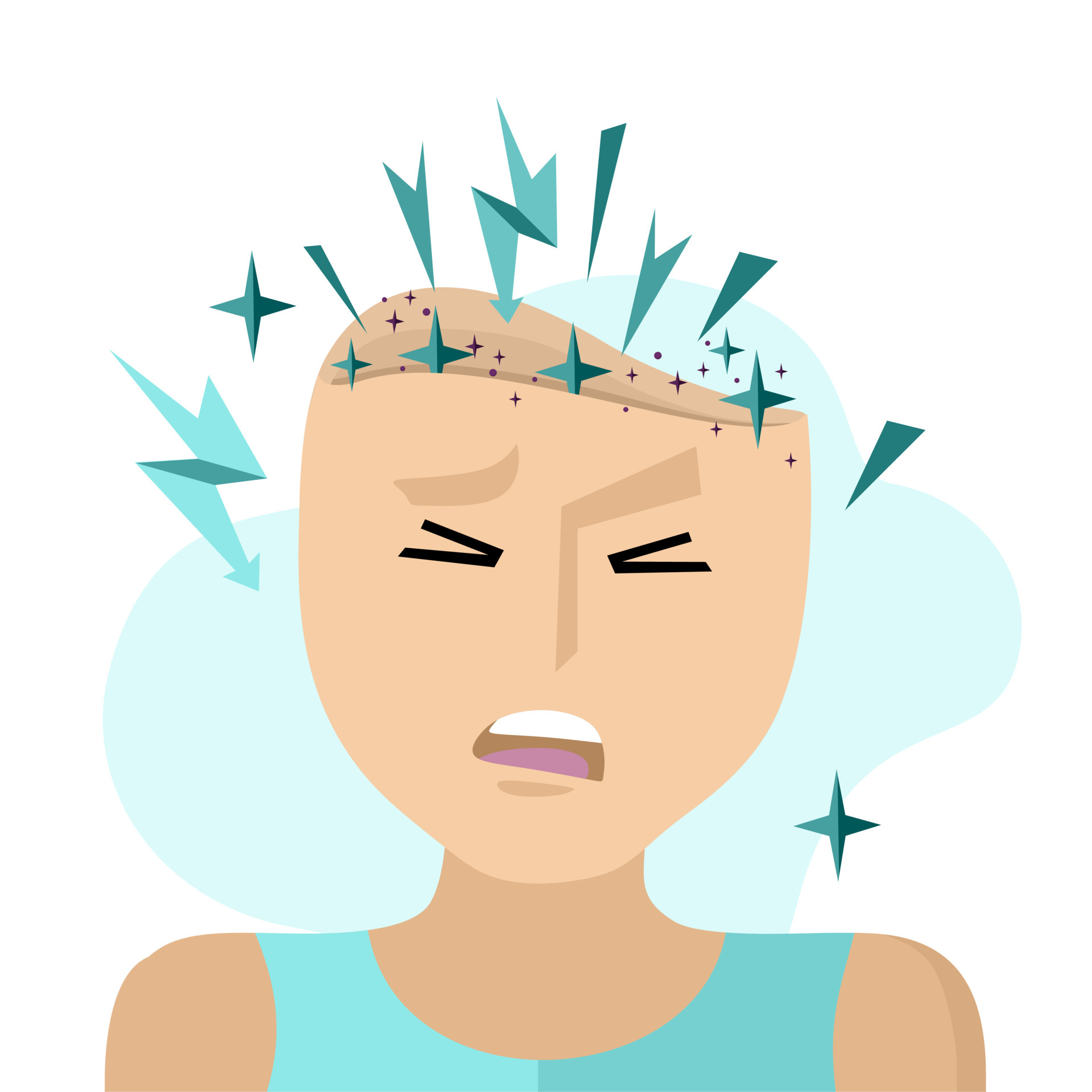 Headache, migraine. My head is writhing with pain and sparks inside. Cartoon  illustration for informational posters, articles, websites, and mobile  apps. 5389612 Vector Art at Vecteezy