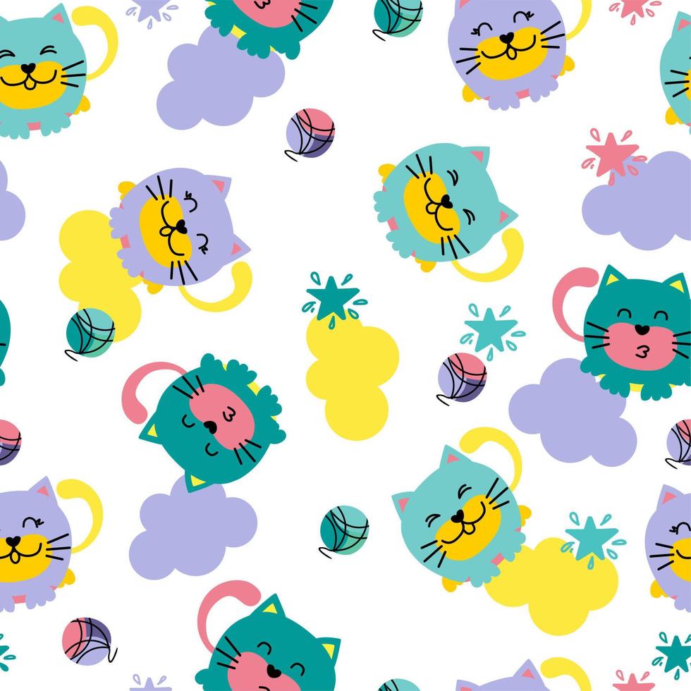 A pattern of funny cats and clouds on a white background. For use in printing, postcards, textiles. Vector illustration.