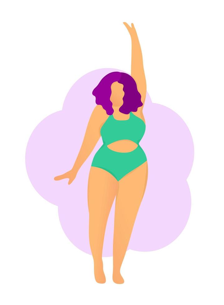 A happy plump girl in a green swimsuit. Body positive. Love your body. Girls on the beach. Acceptance of your body. vector