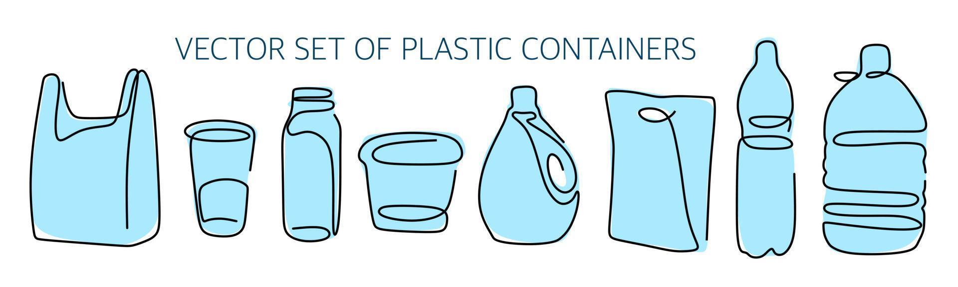 conjunto vectorial de recipientes de plástico. paquete, taza, botella, contenedor y otros. día libre de bolsas de plástico. vector