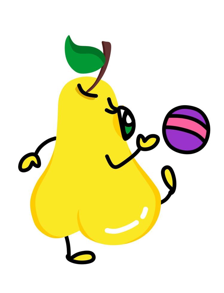 Cartoon cute kind yellow illustration of a pear with beautiful eyes kicking a ball. For a set of stickers, children's events, recreation, leisure. vector