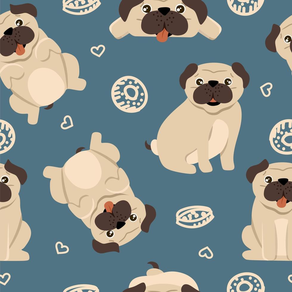 Funny pug  pattern on a blue background, vector illustration in a flat style. For use on printing souvenirs, postcards and textiles.