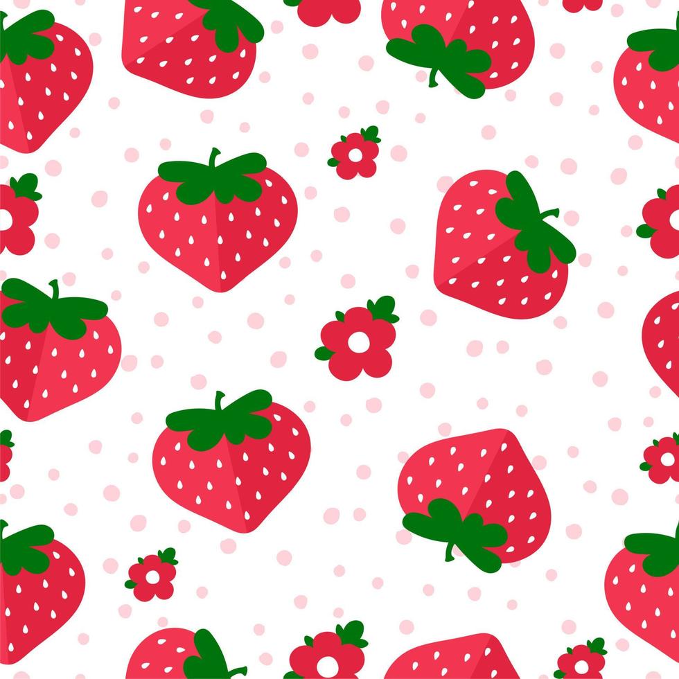 Strawberry pattern on a white background in a cartoon style with flowers and peas. For packaging, children's textiles and office supplies. Vector illustration