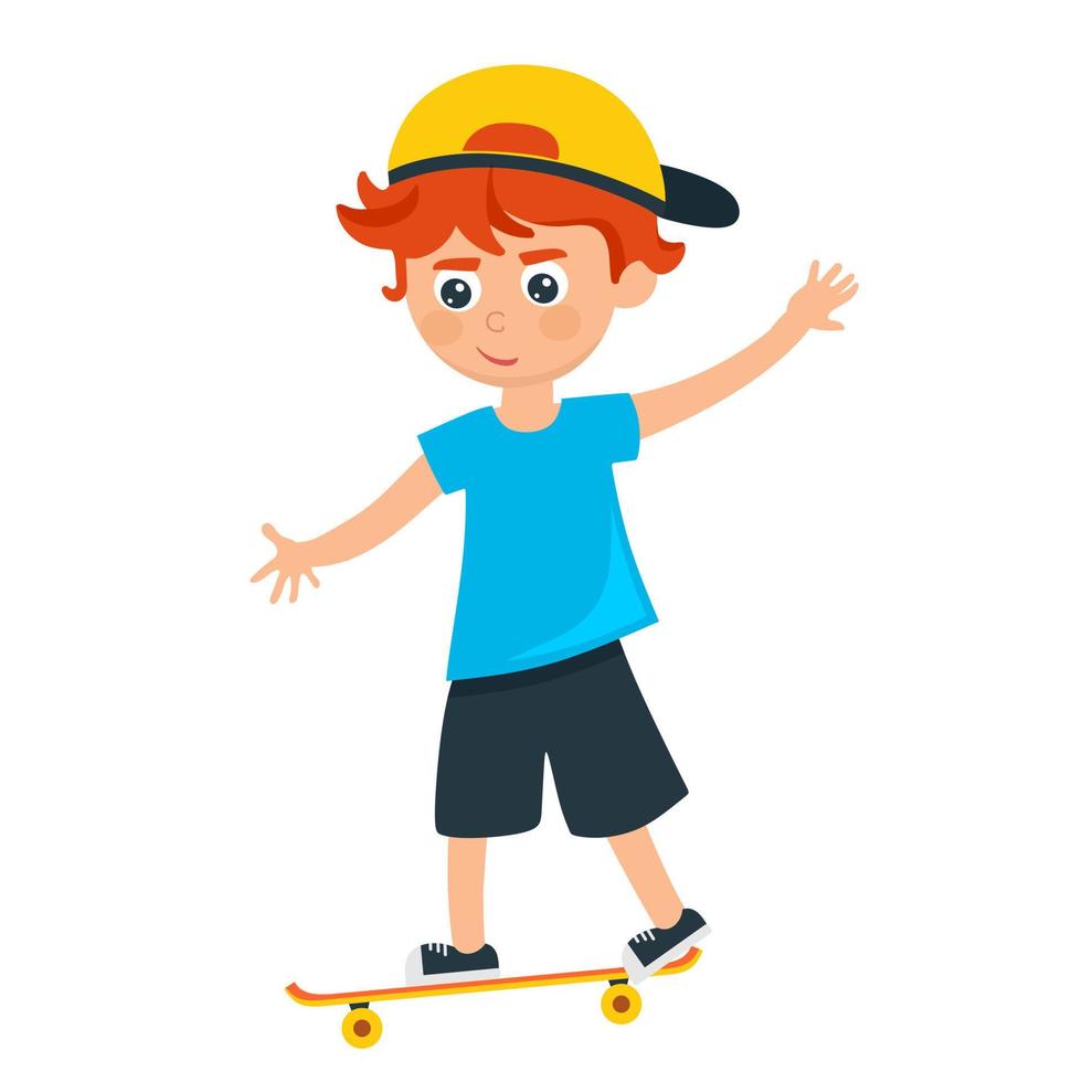 A cheerful boy in a baseball cap on a skateboard in a cartoon style. vector