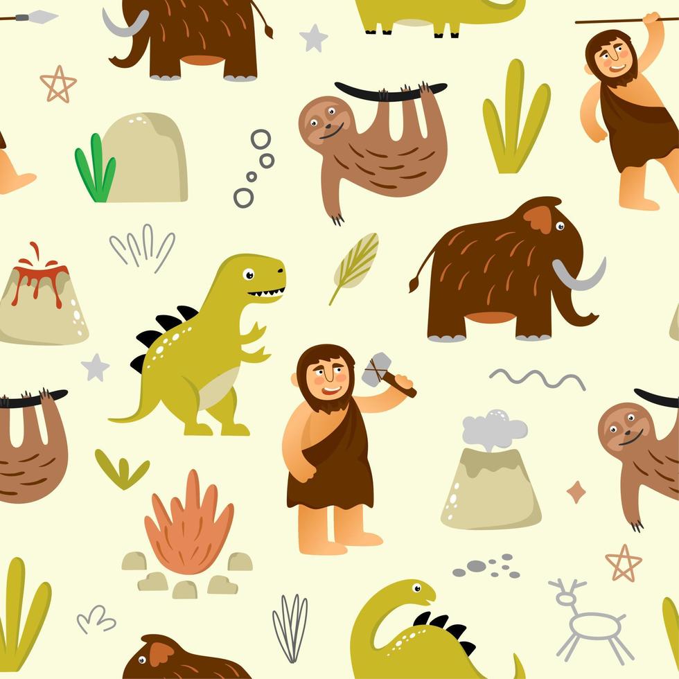 Seamless pattern with funny dinosaurs on a beige background with stones and plants. Stone AgeUse for textiles, packaging paper, posters, backgrounds, decoration of children's parties. vector