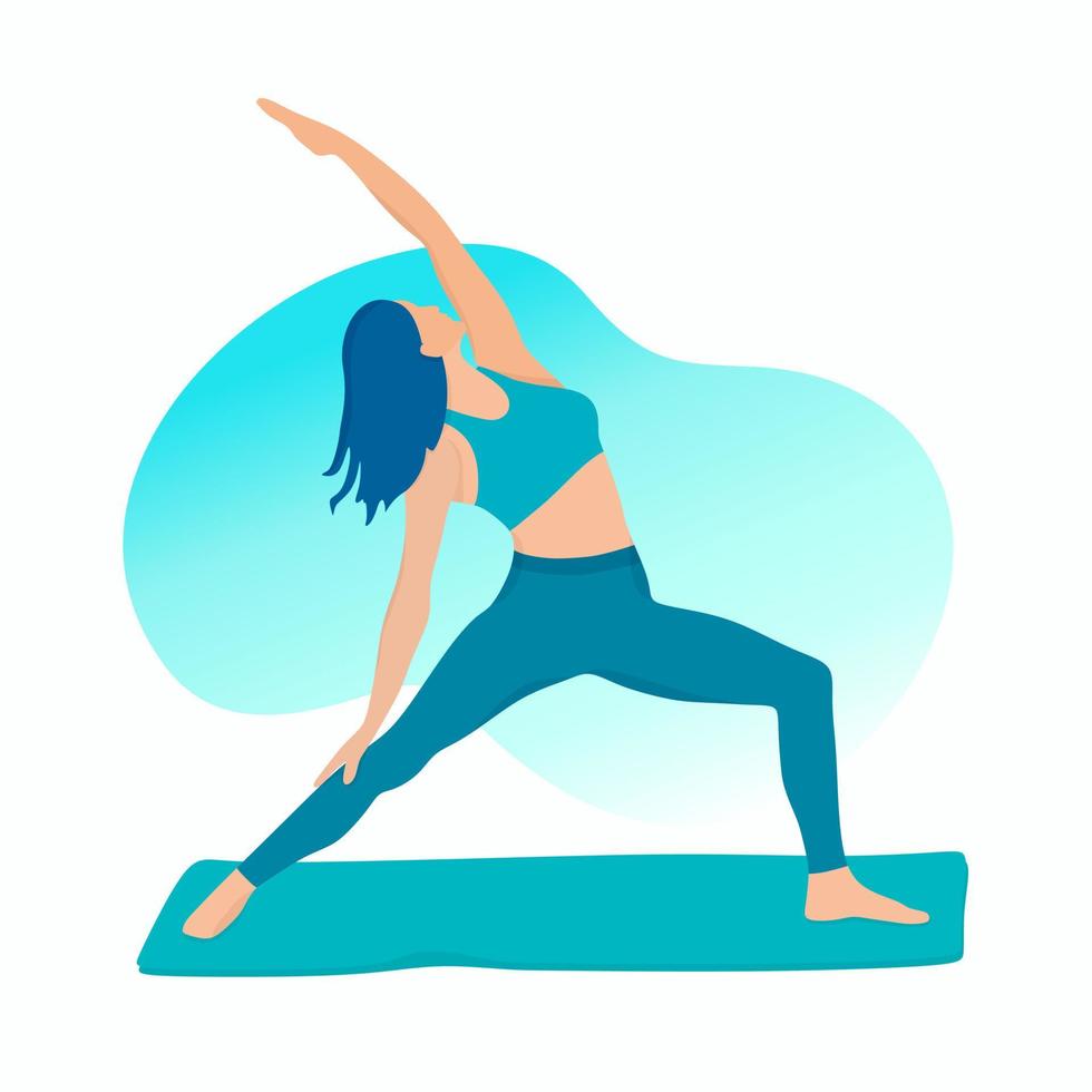 A young, active, attractive girl is doing yoga on a mat. Parivritta Trikonasana pose. Meditation, stretching, healthy lifestyle. vector