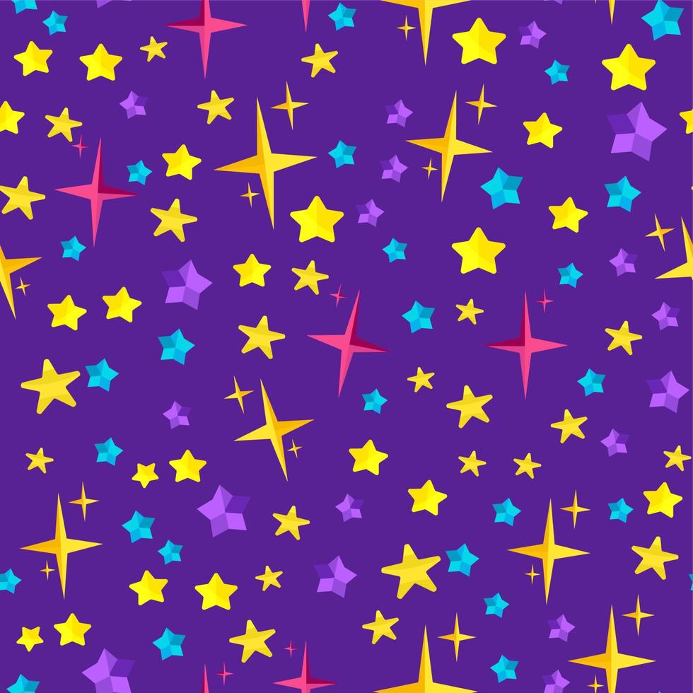 Vector illustration of a seamless pattern background on a space theme, with stars and sparks of different colors. You can apply a template, banner, background, or texture to a poster.