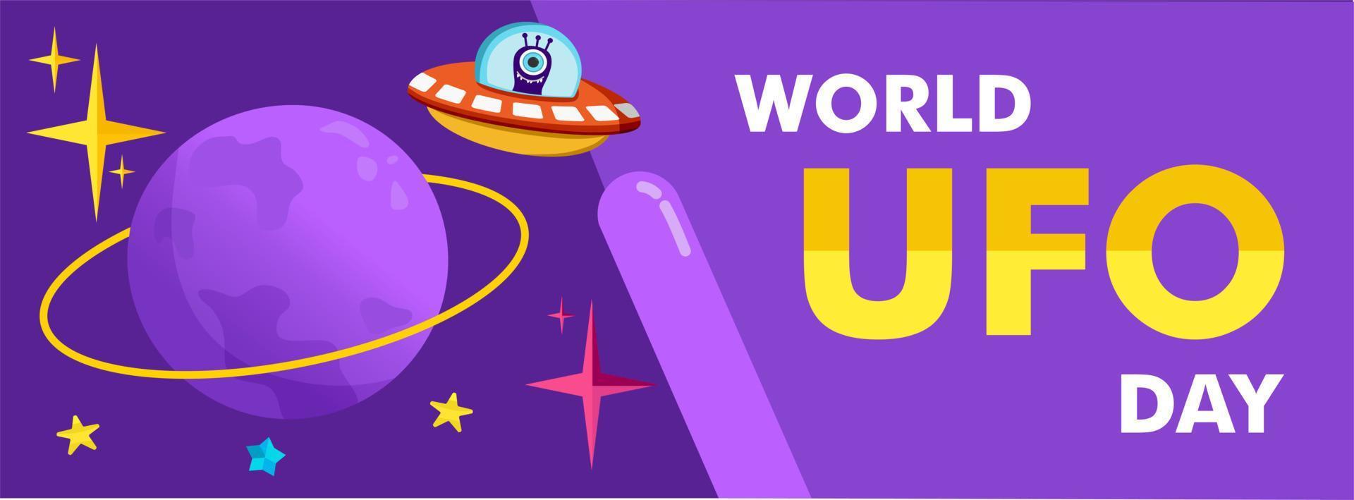 World Ufo Day. Vector illustration of a ufo plane, a flying saucer, with the planet Saturn and humanoids. You can apply it to a poster template or banner.