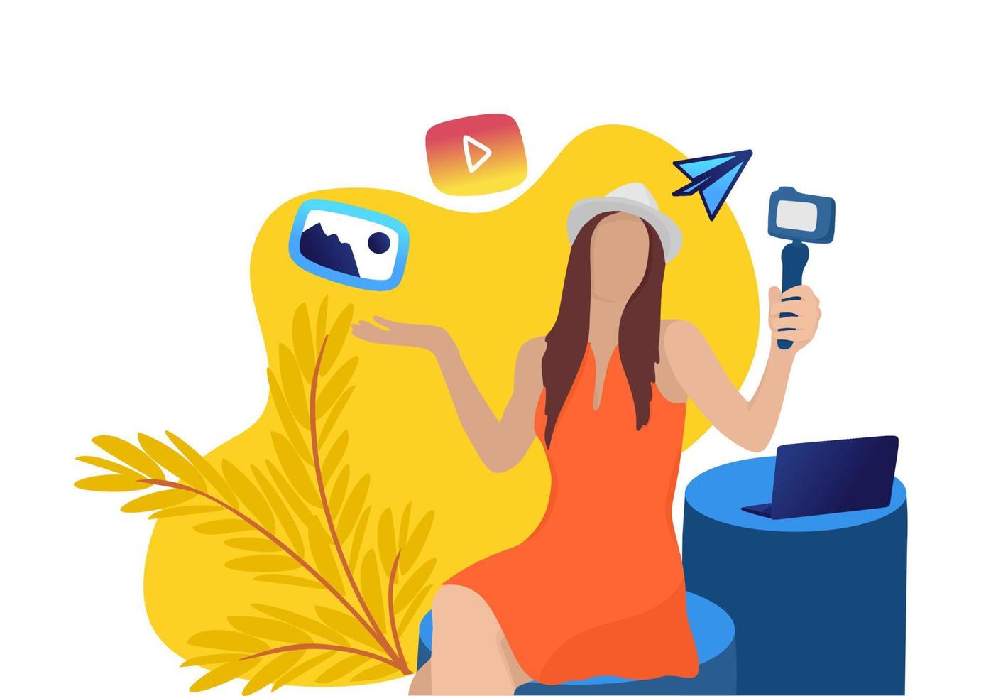 A young pretty girl in a hat blogger takes a video on the camera with a hand-held tripod. Content, shooting, review, travel. vector