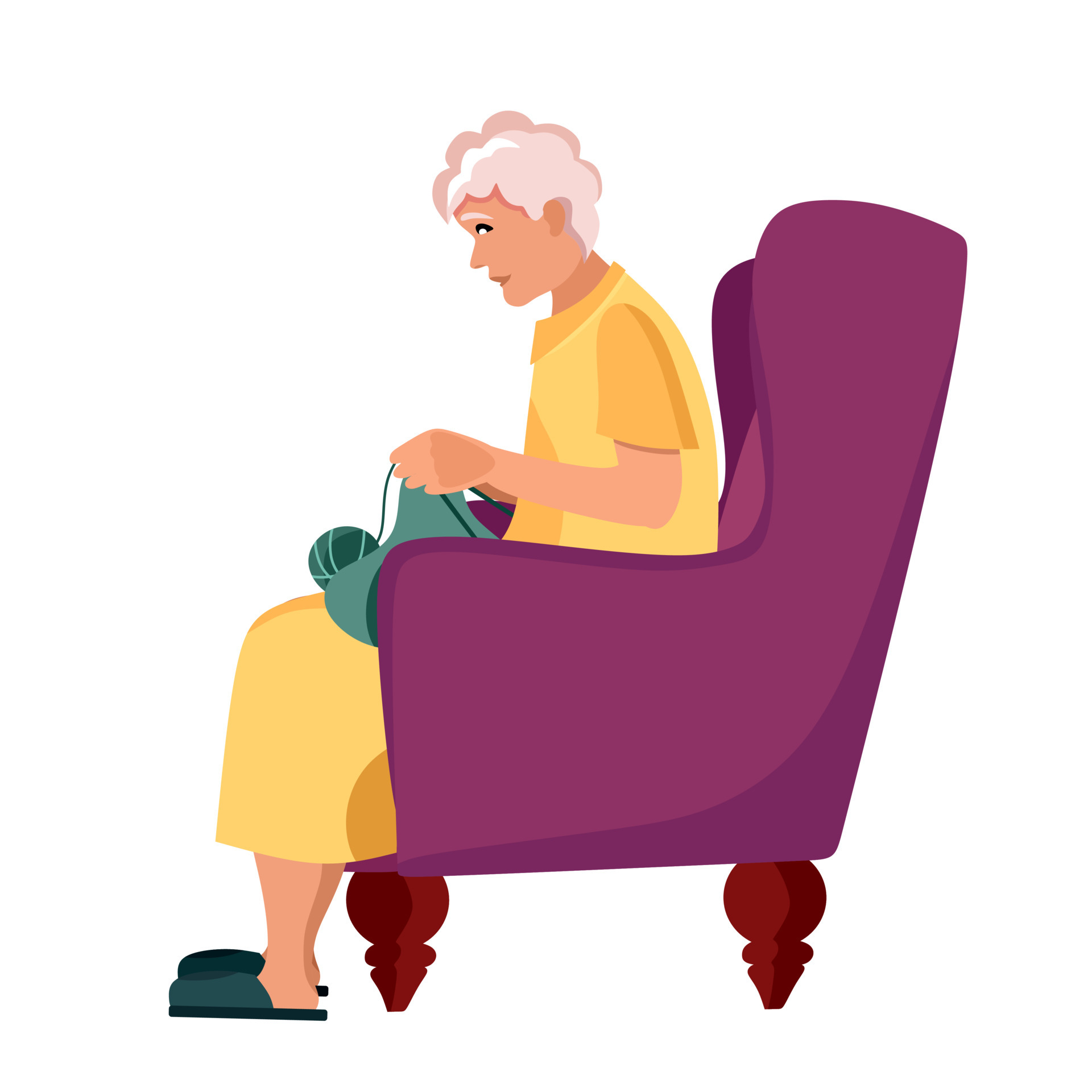 The older woman grandmother knits sitting in a chair. Elderly people are  cartoon characters. Old age. Vector illustration of a flat style, isolated  on a white background 5389706 Vector Art at Vecteezy