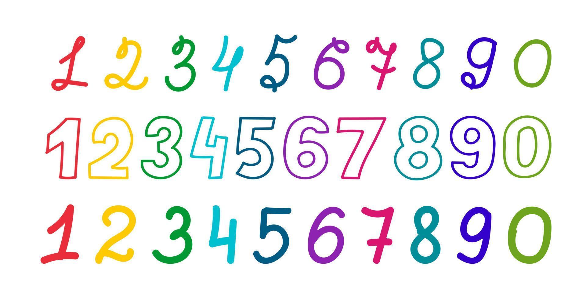 A set of lettering numbers of different colors drawn by hand. illustration in a flat style. vector