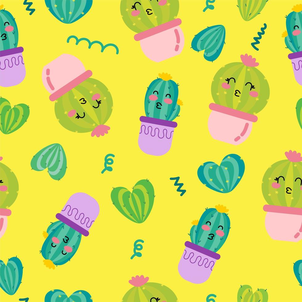 A pattern of funny cacti on a yellow background. For use in printing, postcards, textiles. Vector illustration.