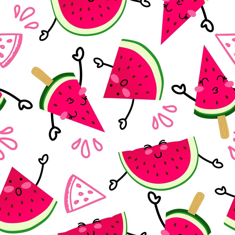 A pattern with cheerful watermelons on a white background. National Watermelon Day. Use for a postcard, background, application on a fabric or souvenir products. vector