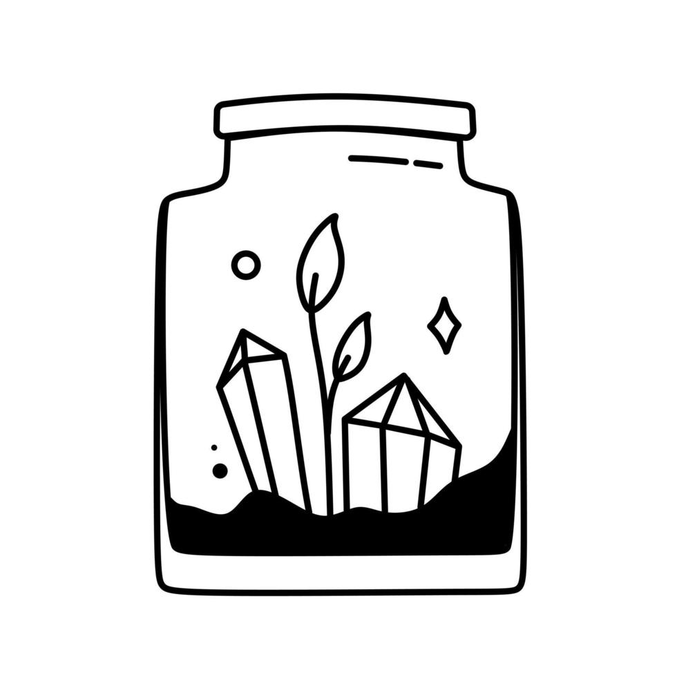 A glass jar with magic crystals. Magical symbols doodles esoteric boho mystical hand - drawn elements stone crystals . Magical vector elements
