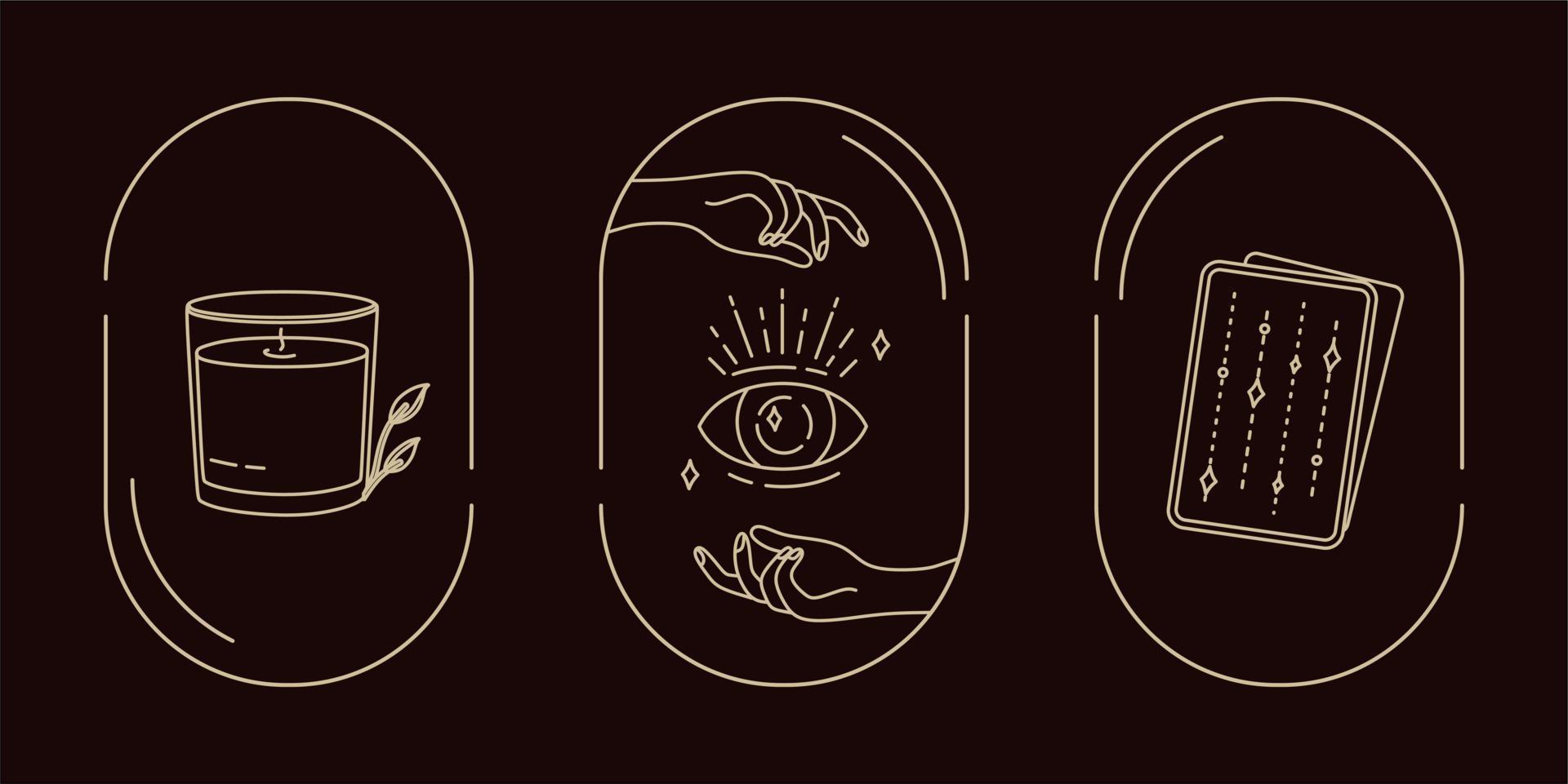 Magical symbols set of doodles esoteric boho mystical hand-drawn elements stone crystals. In gold color on a black background. Magical vector elements